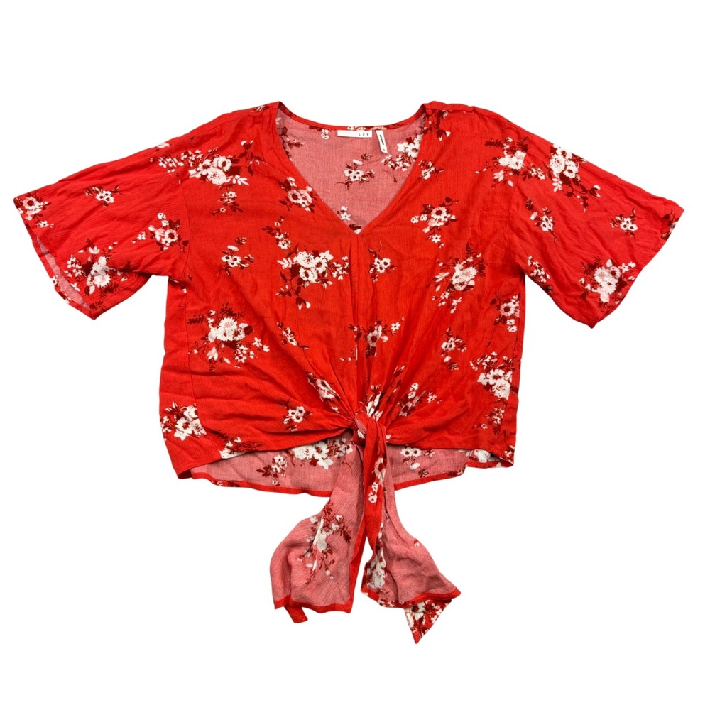 LUQ Red Floral Tie Front V-Neck Short Sleeve Rayon Blouse Top J72247VEYRP Small